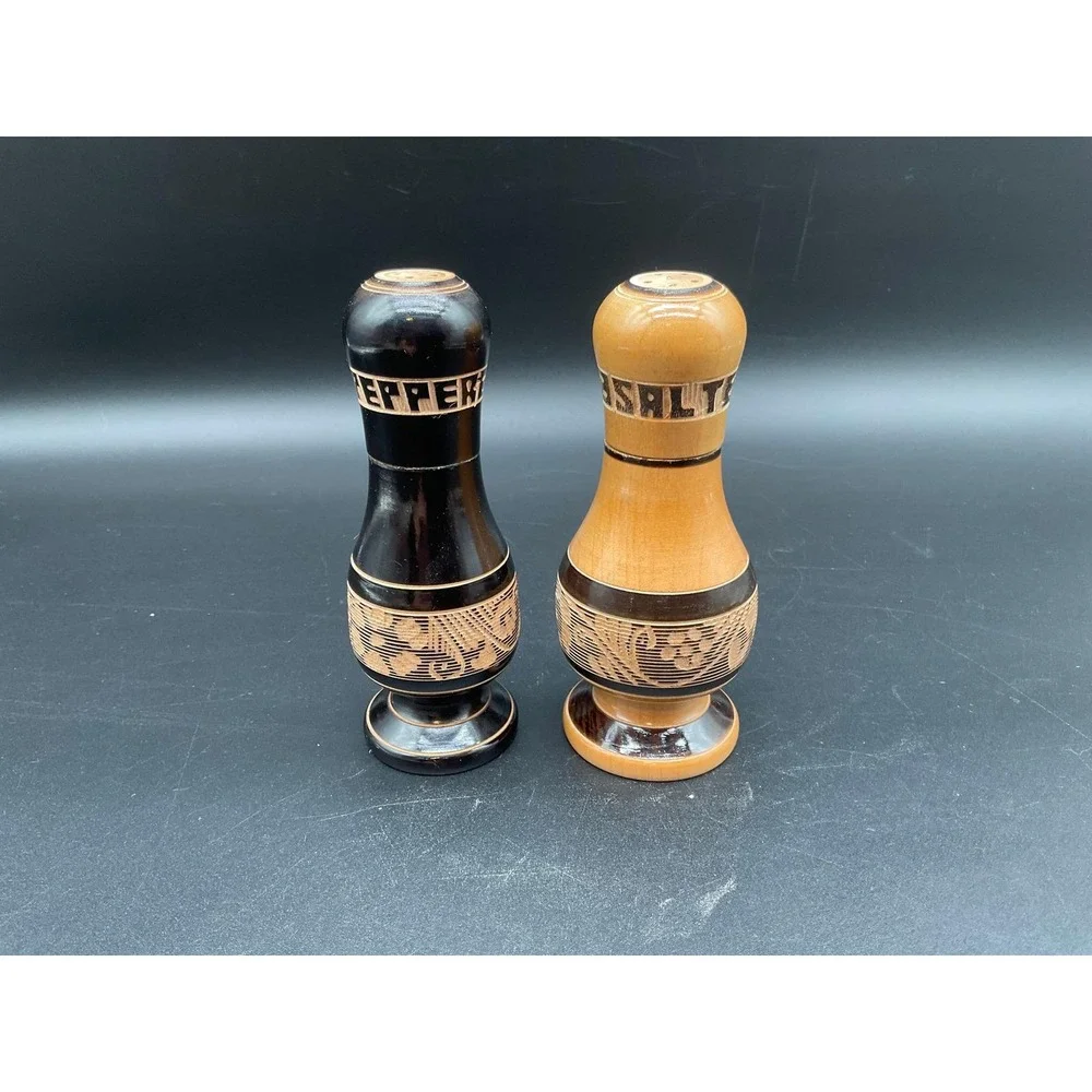 Vintage Wood Salt and Pepper Shakers Set Hand Carved Floral Design 5 Inches‎